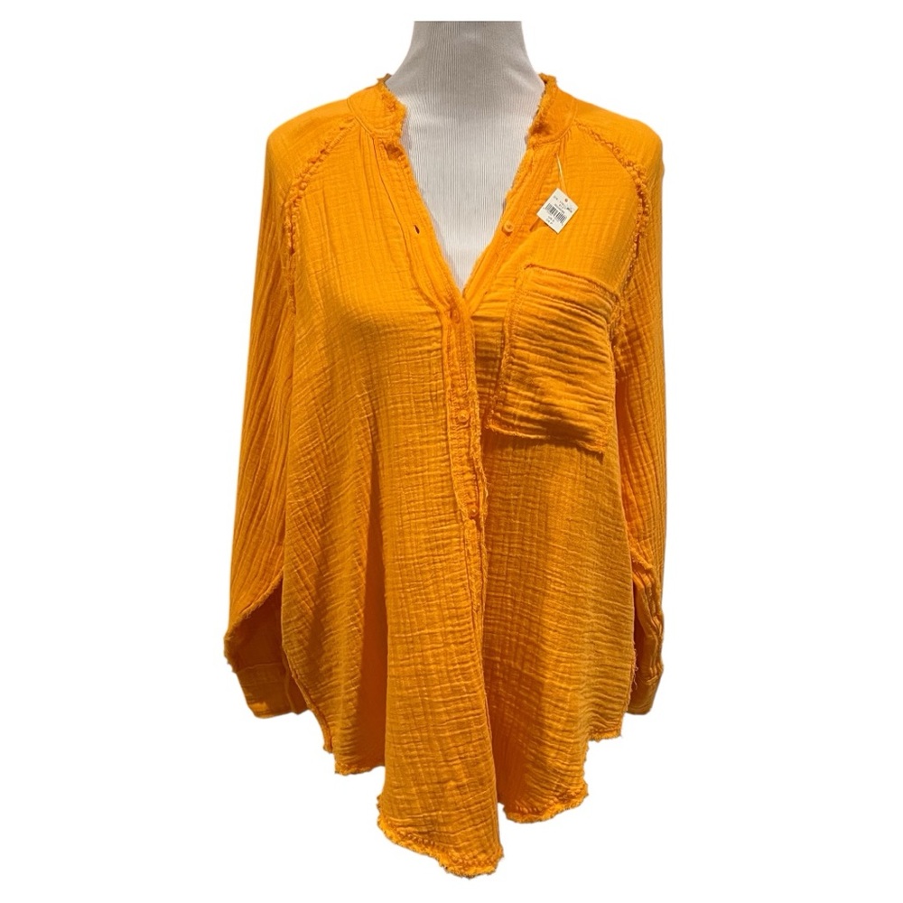 Aerie Oversized Orange Cotton Gauze Button Down Top Size Small NWT